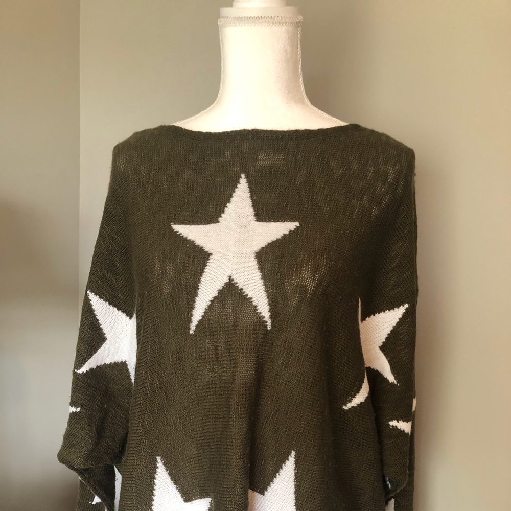 Lightweight, army green and white stars summer cotton sweater.